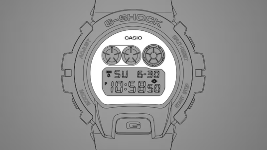 Black and white line art illustration of a Casio G-Shock digital watch with a circular display and prominent G button.