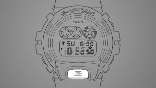 Minimalist line art illustration of a Casio G-Shock digital watch with a prominent G button on a gray background.