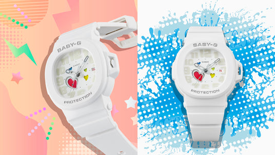 White Baby-G watch with a heart-themed dial, featuring colorful accents against playful, vibrant graphic backgrounds.