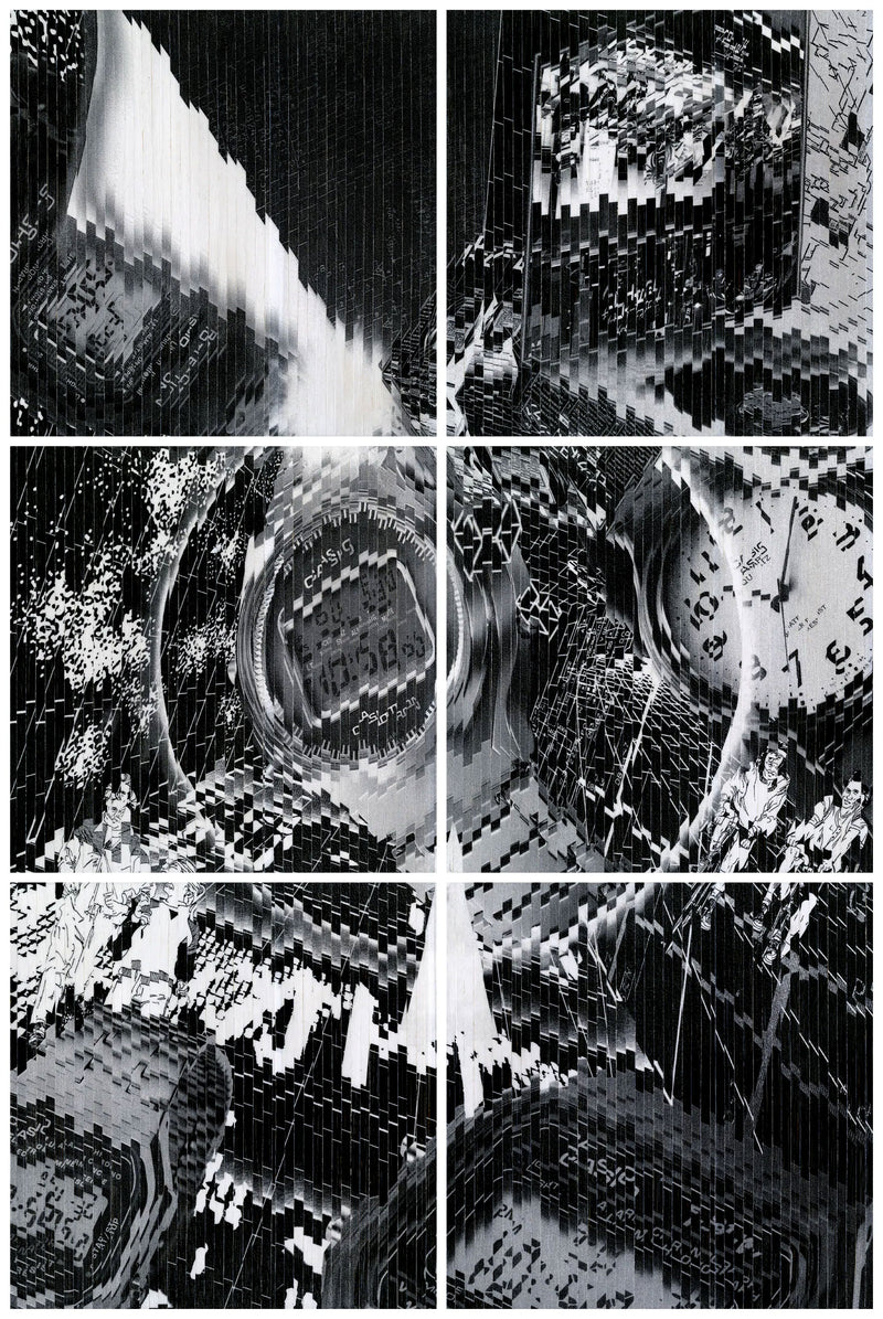 Kosuke Kawamura collage featuring fragmented Casio watch faces and digital glitch patterns in high-contrast black and white.