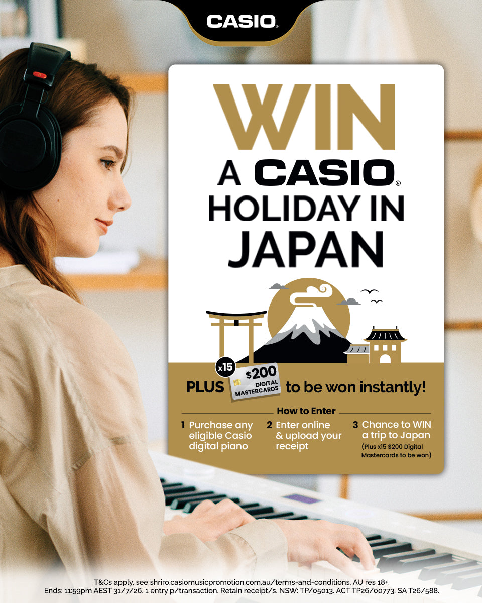 Promotional poster for Casio holiday in Japan with a woman playing piano.