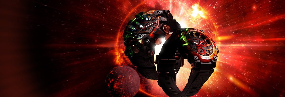 Two Casio G-Shock Red Flare watches with black and red accents set against a dramatic, glowing cosmic supernova background.