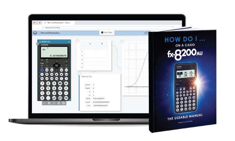 Laptop displaying ClassPad software next to a Casio fx-8200 AU manual with a glowing calculator cover.