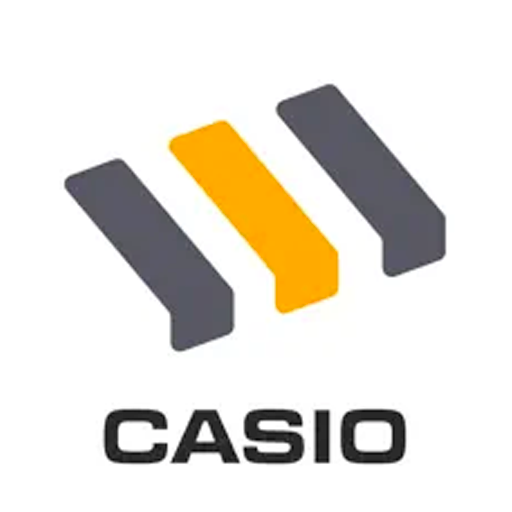 Casio logo featuring three stylized, angled bars in grey and yellow above the bold black Casio brand name.