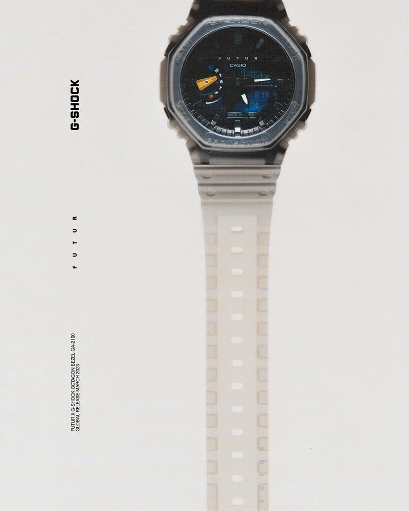 Futur x G-Shock GA-2100 watch with a translucent grey resin band and an octagonal bezel on a light background.