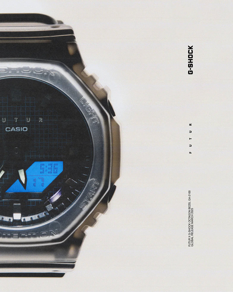 Futur x G-Shock GA-2100 watch with a translucent grey octagonal bezel and a dark grid-patterned digital dial.