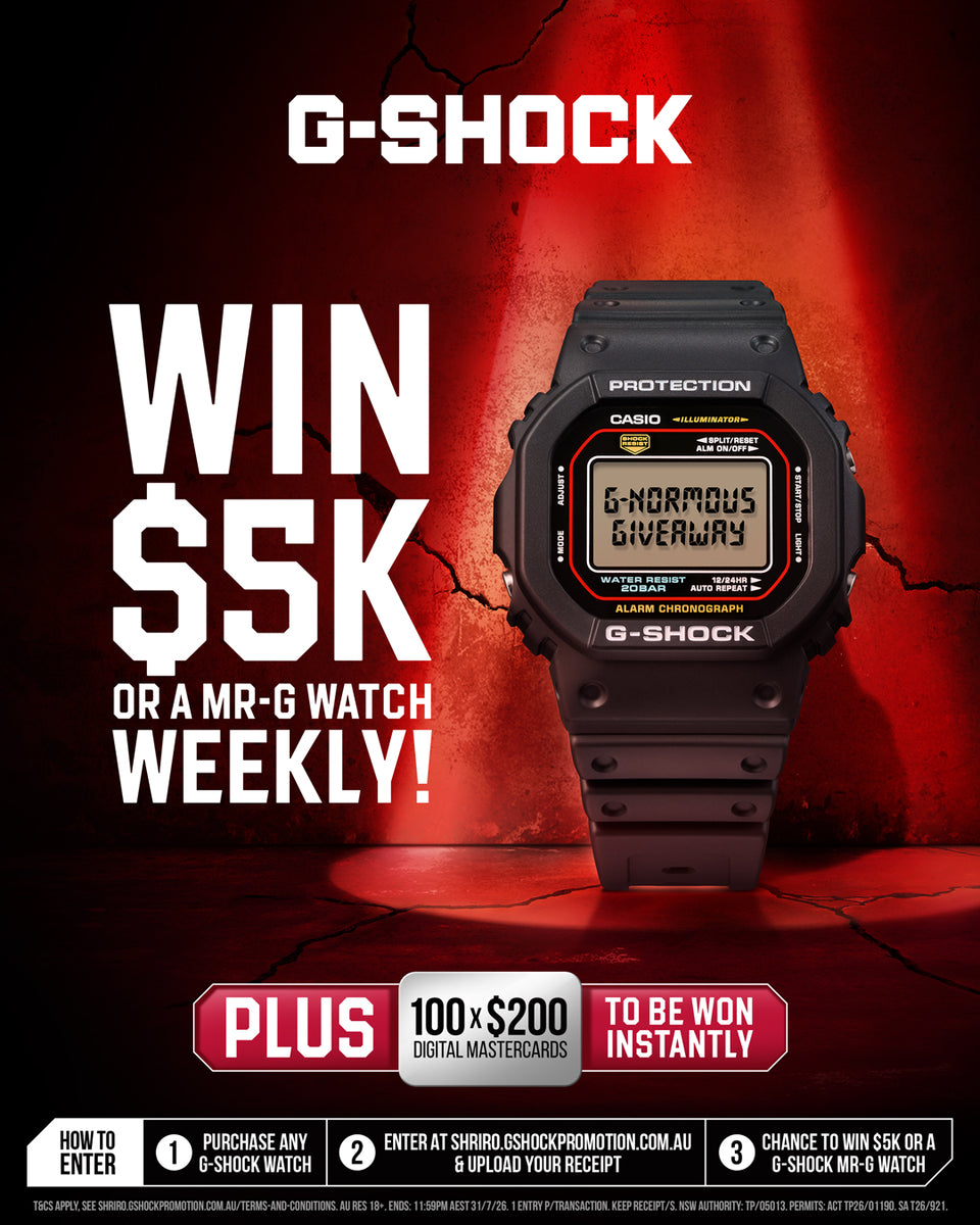 G-Shock watch advertisement with promotional text on a dark background