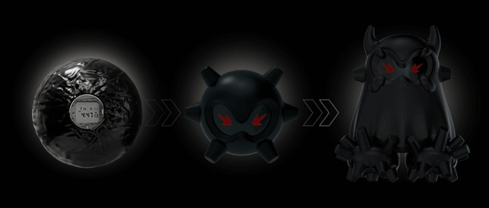 Three-stage transformation of a matte black digital watch into a stylized, horned monster figure with glowing red eyes.