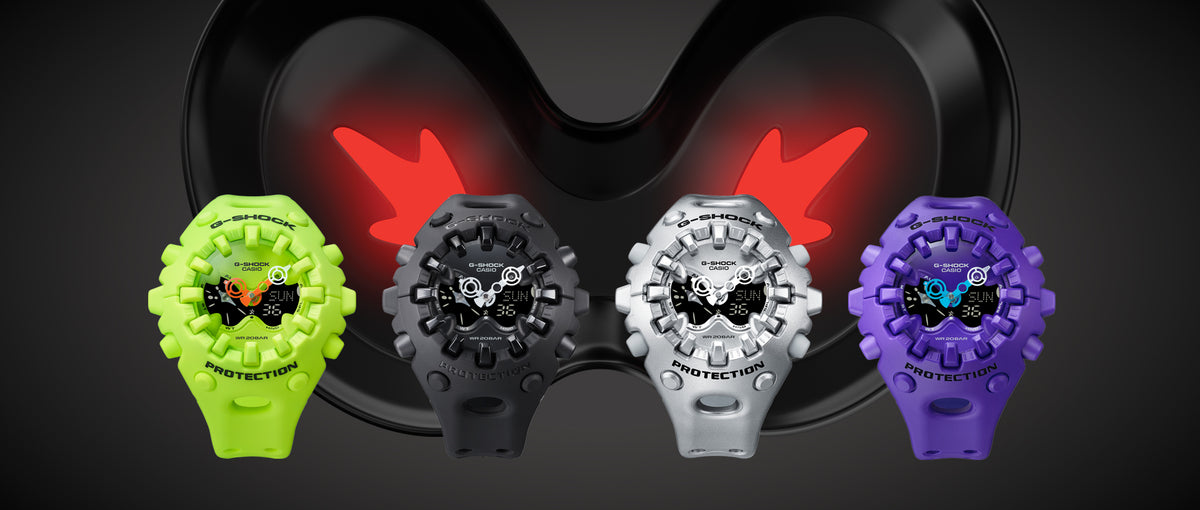 Four G-Shock watches in lime green, black, silver, and purple arranged against a black background with red accents.