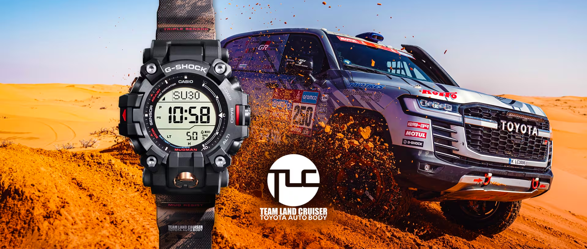 Casio G-Shock Mudman GW9500TLC watch with a camo strap, displayed over a Toyota Land Cruiser racing in the desert.