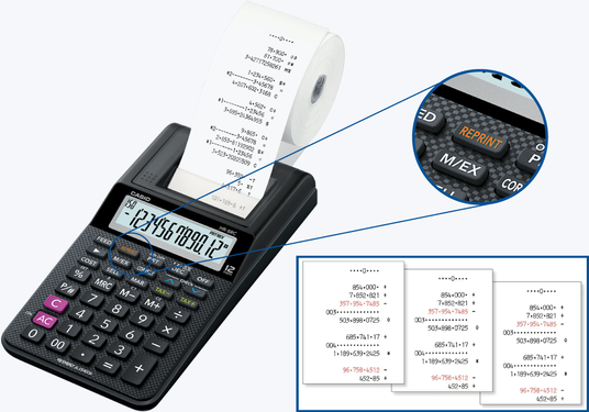 Casio printing calculator with paper roll, highlighting the reprint function and sample calculation receipts.