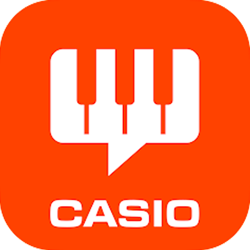 Casio app icon featuring a white piano keyboard shaped like a speech bubble on a vibrant orange background.