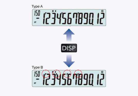 LCD display showing two number formatting styles, Type A and Type B, with a DISP button indicating a toggle function.