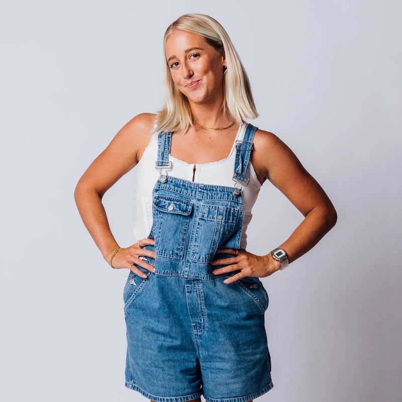 Blonde woman wearing a white tank top and blue denim overall shorts, posing with hands on her hips against a gray background.