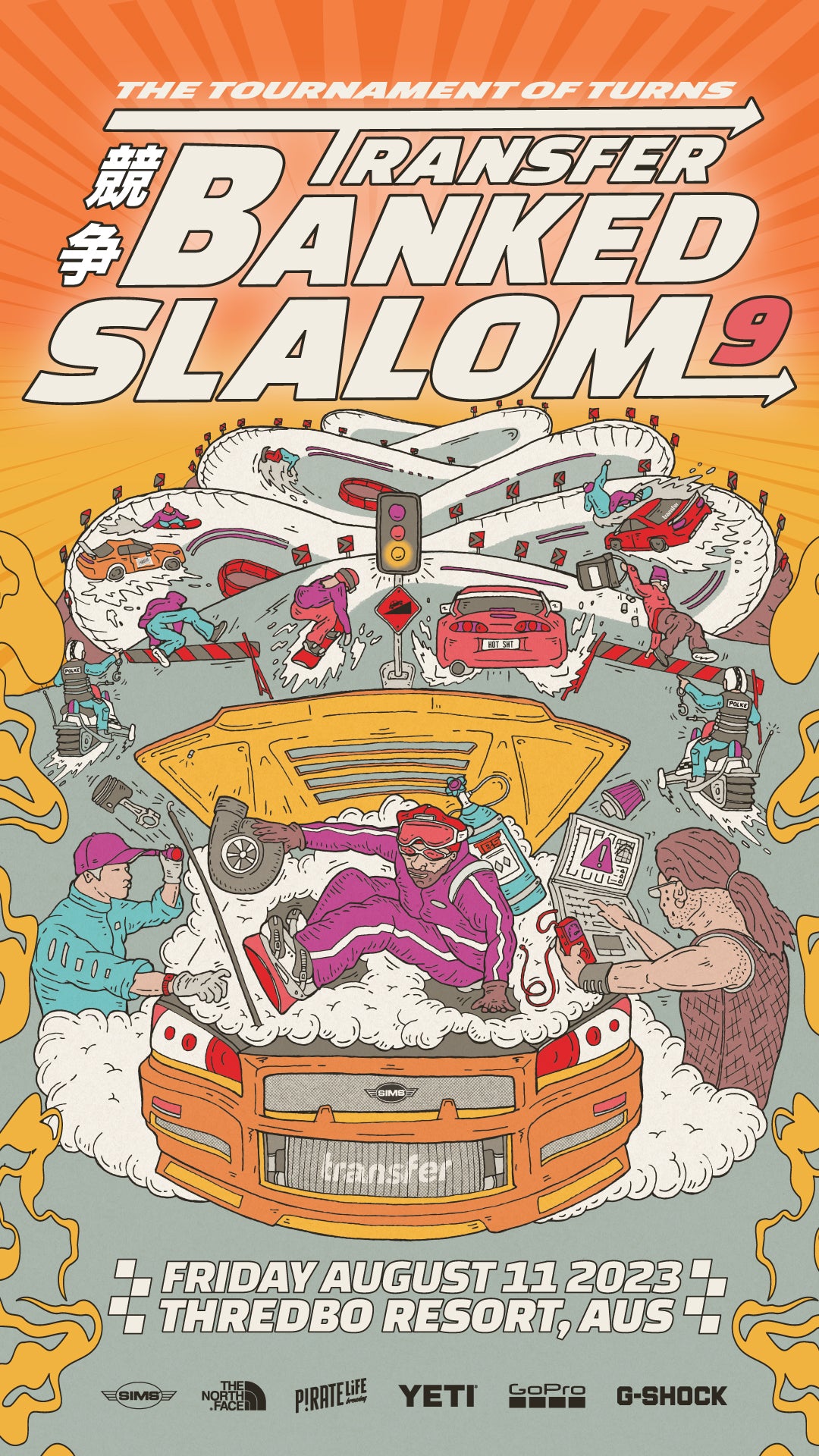 Colorful poster for Transfer Banked Slalom 9 featuring a snowboarder inside a car engine bay with race track illustrations.
