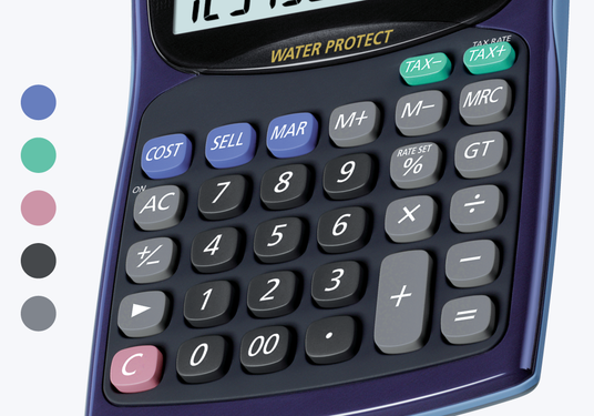 Close-up of a Casio WD220MS calculator featuring dark keys and color-coded function buttons on a purple frame.