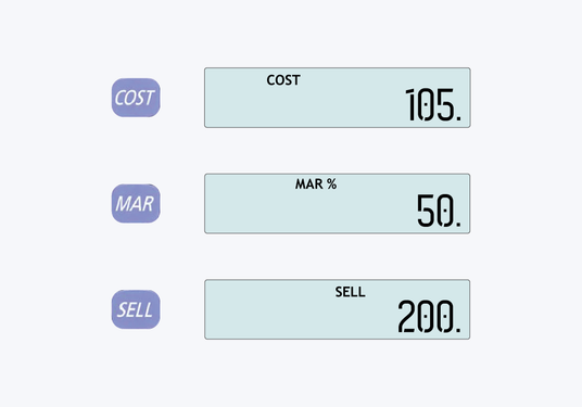 Financial dashboard showing cost, margin percentage, and sell price values in light blue rectangular input fields.