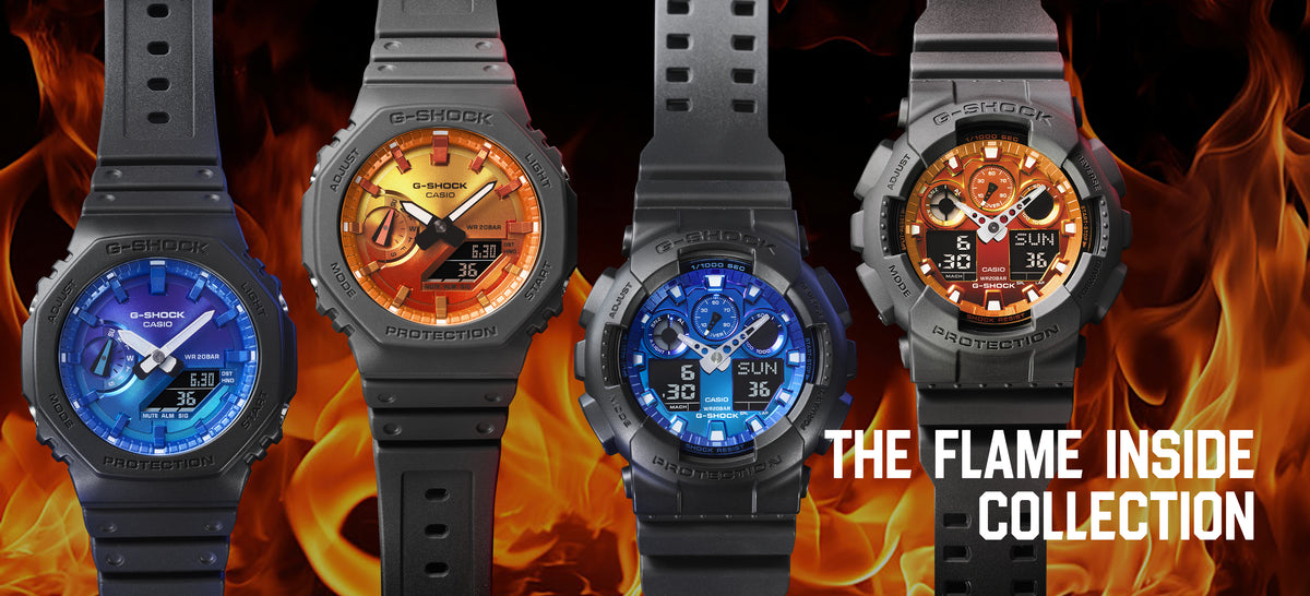 Four G-Shock watches with blue and orange flame-patterned dials against a fiery background.