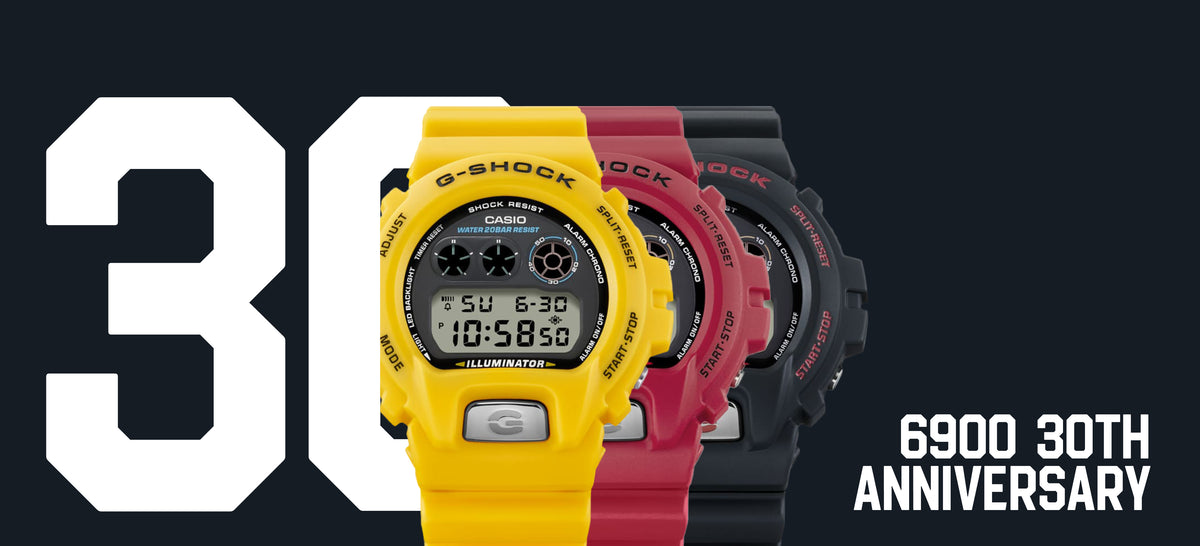 Three Casio G-Shock 6900 watches in yellow, red, and black displayed against a large 30th anniversary graphic.