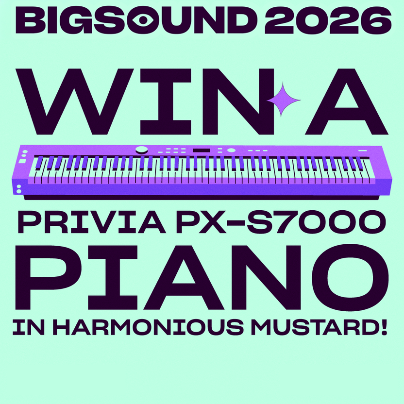 Promotional graphic for BigSound 2026, featuring a purple and white piano keyboard illustration with bold text reading 'WIN A PRIVIA PX-S7000 PIANO IN HARMONIOUS MUSTARD!' on a light mint background.