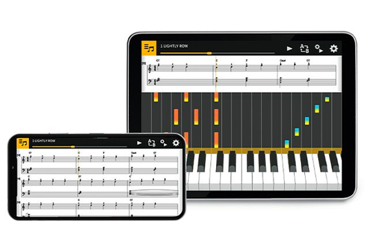 Tablet and smartphone displaying the Casiotone Music Space app with sheet music and a digital piano keyboard interface.