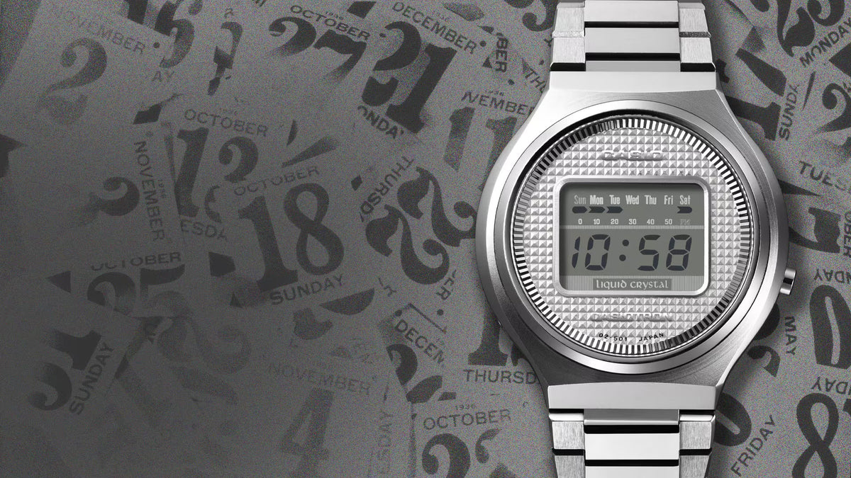 Vintage silver Casio Casiotron digital watch with a textured dial against a background of overlapping calendar dates.