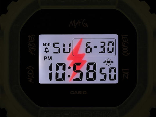 Casio G-Shock digital watch face with a glowing backlight and a prominent red lightning bolt icon on the display.