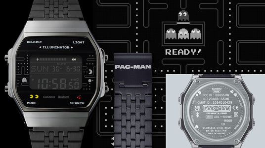 Casio Pac-Man digital watch with a black metal band and retro arcade-themed display against a pixelated game background.