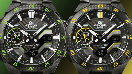 Two Casio Edifice solar watches with carbon fiber bezels and vibrant green or yellow accents on black dials.