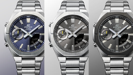 Three Casio Edifice sapphire crystal watches with stainless steel bands, featuring analog-digital dials in blue, grey, and black.