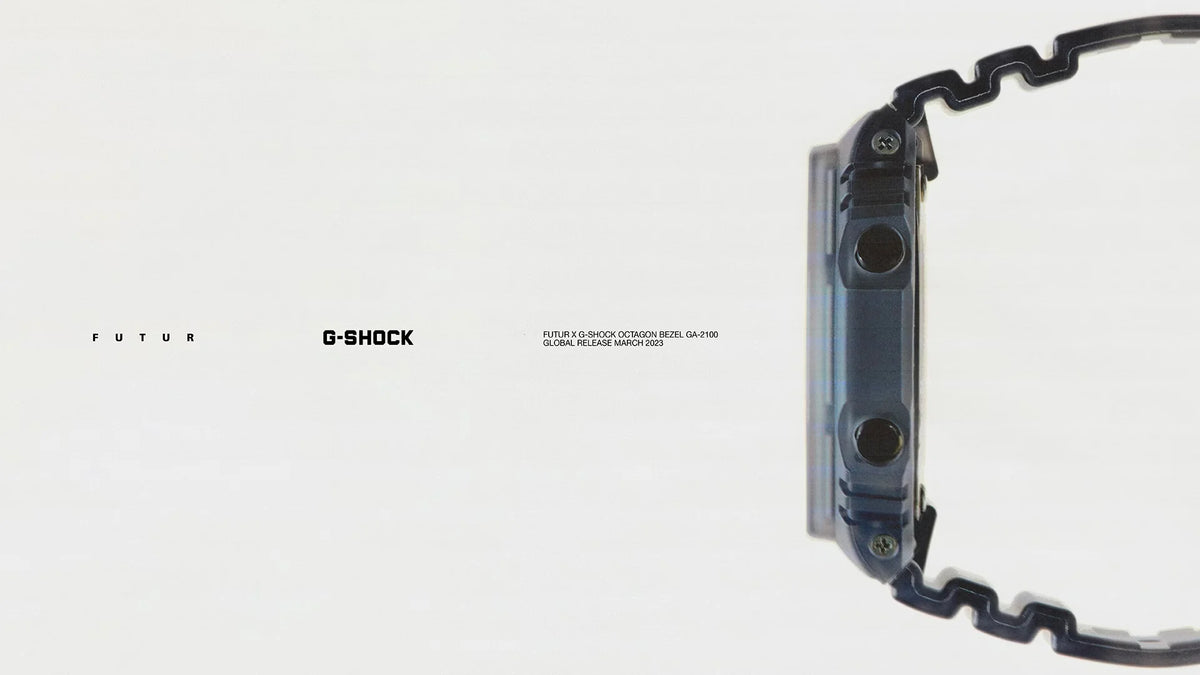Side profile of a translucent blue Futur x G-Shock GA-2100 watch with an octagonal bezel on a white background.
