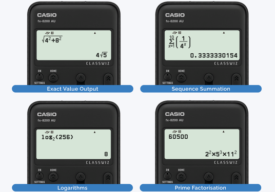 Four Casio fx-8200 AU ClassWiz calculator screens showing exact value, summation, logarithm, and prime factorisation results.
