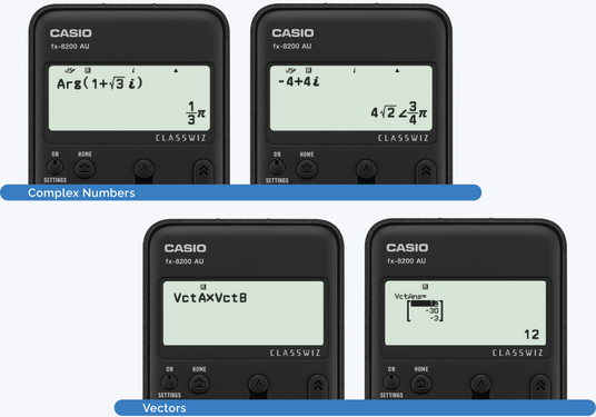 Casio fx-8200 AU ClassWiz calculator screens displaying complex number calculations and vector operations.