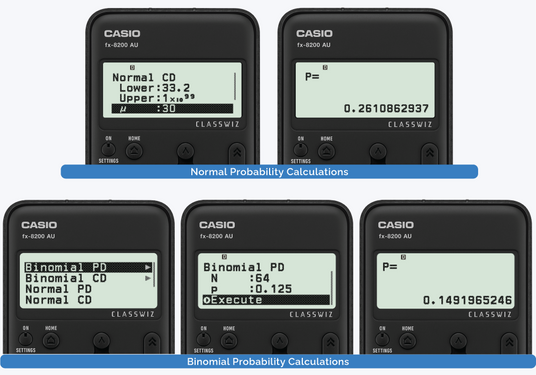 Casio fx-8200 AU ClassWiz calculator screens showing normal and binomial probability distribution menu settings.