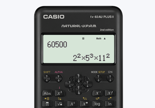 Casio fx-82AU PLUS II calculator screen showing the prime factorisation of 60500 as 2 squared times 5 cubed times 11 squared.