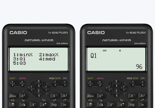 Two Casio fx-82AU PLUS II scientific calculators displaying summary statistics menus and quartile data on their screens.