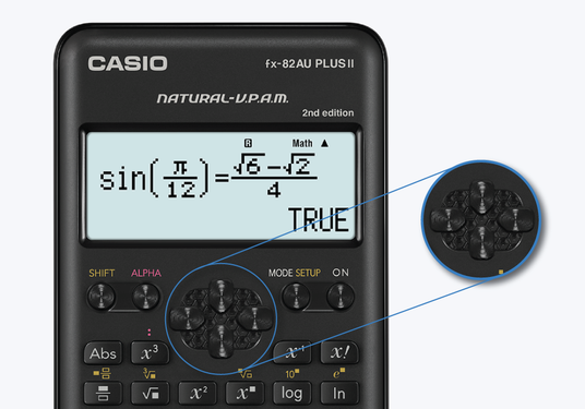Casio fx-82AU PLUS II scientific calculator showing a math equation with a zoomed-in view of the textured navigation keys.