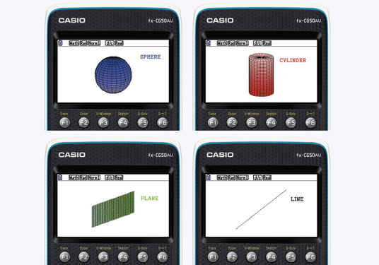 Casio fx-CG50 graphing calculator screens displaying 3D wireframe models of a sphere, cylinder, plane, and line.