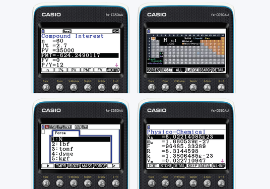 Four Casio fx-CG50AU graphing calculators displaying compound interest, periodic table, force units, and physical constants.