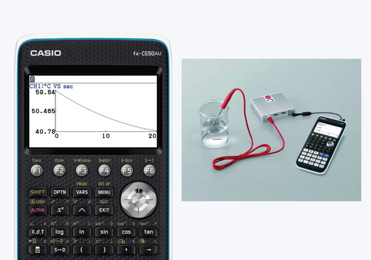 Casio fx-CG50AU graphing calculator connected to a data logger and temperature probe in a beaker of water.