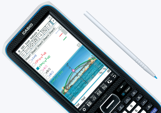 Casio fx-CP400 graphing calculator with a high-resolution color touchscreen displaying a bridge graph and a white stylus.