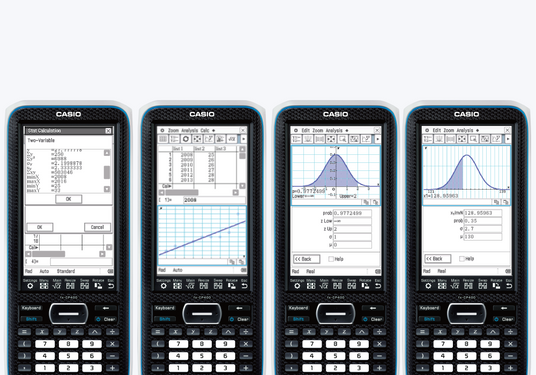 Four Casio fx-CP400 graphing calculators displaying various statistics and probability data screens on their touchscreens.