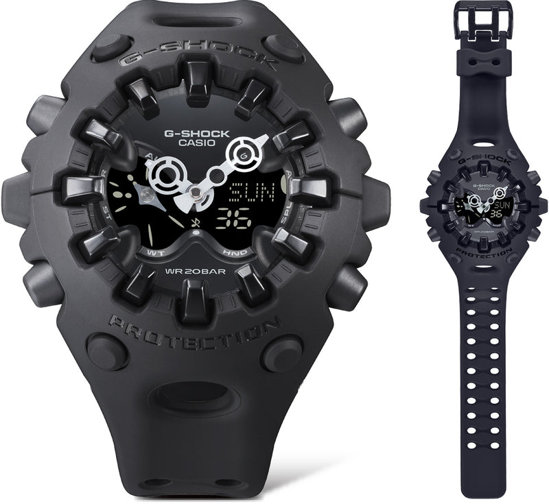 Matte black Casio G-Shock watch with a rugged, oversized resin case and a digital-analog display.