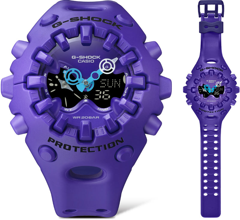 Bright purple G-Shock watch with a rugged, textured bezel, analog-digital display, and matching resin strap.