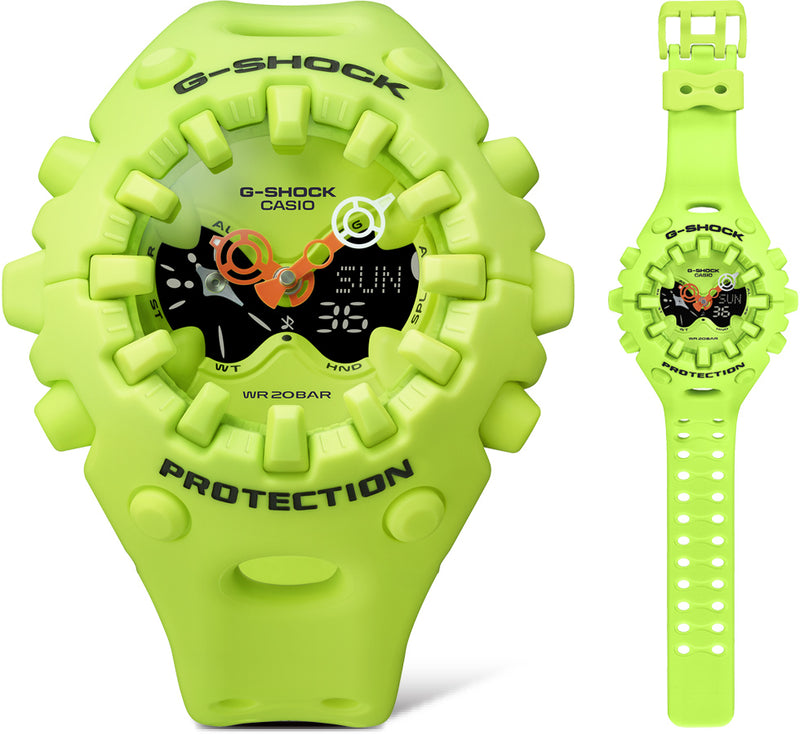 Bright lime green Casio G-Shock watch with a rugged, textured resin case, analog-digital display, and orange accents.
