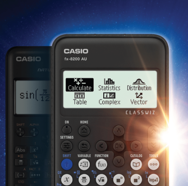 Casio fx-8200 AU ClassWiz scientific calculator with a digital menu screen and black keypad against a blue cosmic background.