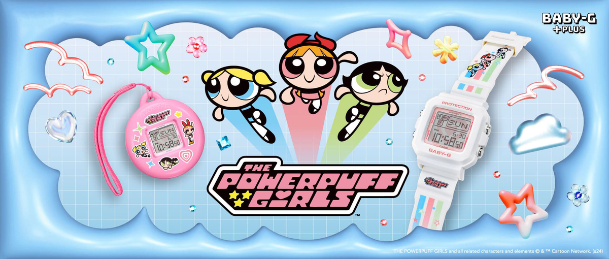 The Powerpuff Girls themed Baby-G digital watch and pink pendant on a light blue grid background with colorful star icons.