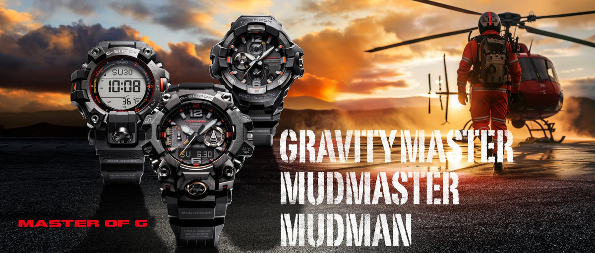 Three G-Shock Mudmaster and Mudman watches displayed against a sunset rescue helicopter scene.