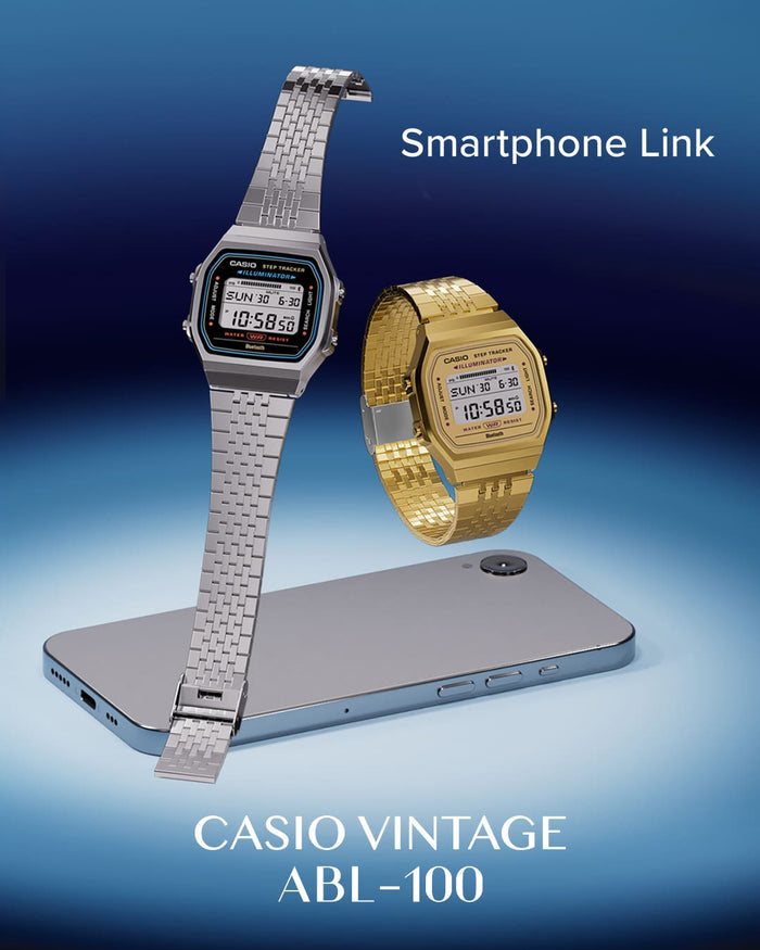 Silver and gold Casio Vintage ABL-100 digital watches floating above a smartphone on a blue gradient background.