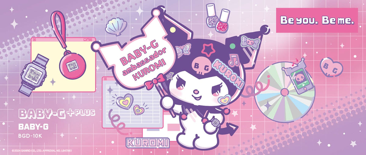 Kuromi character holding a Baby-G watch on a pink gradient background with playful icons and the text Be you. Be me.